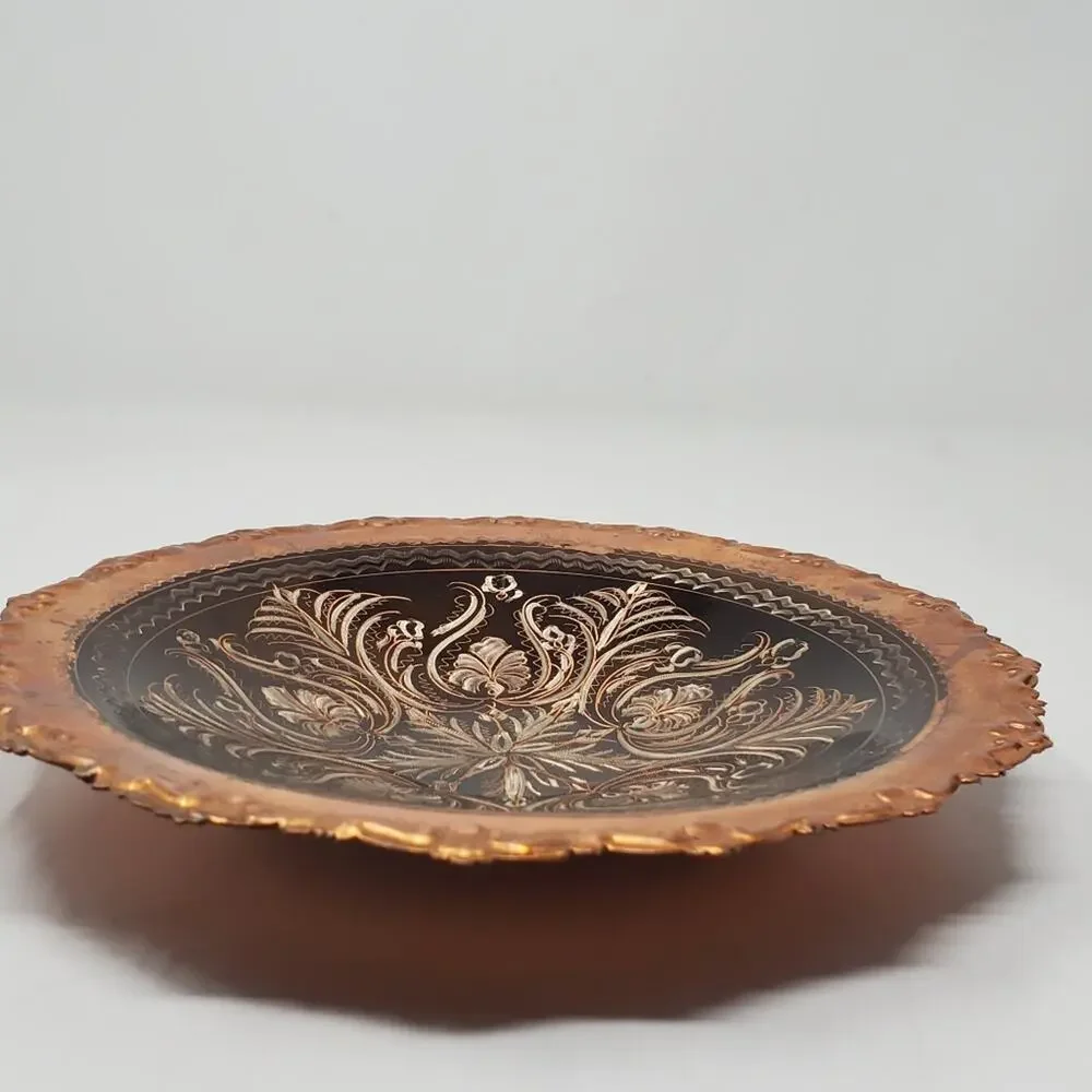 Vintage etched Copper footed decorative bowl in Great used condition 9